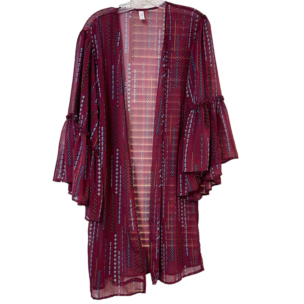 I Love Maroon Diamond Print Kimono Ruffle Sleeve Open Front Size S